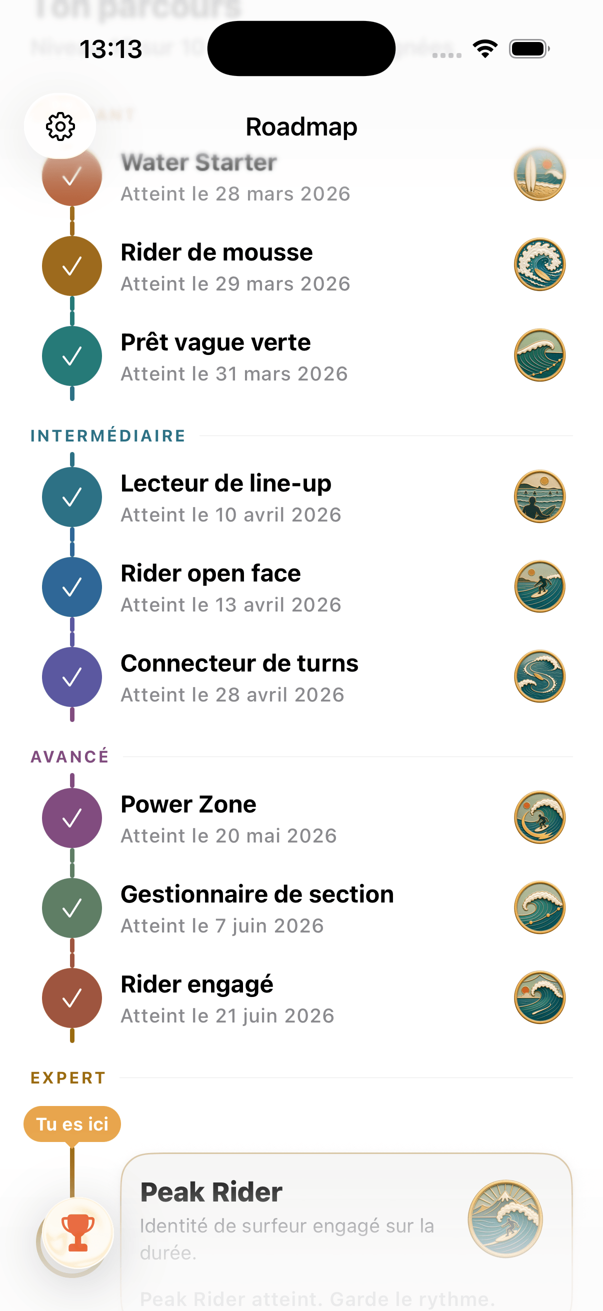 Roadmap DailySurf montrant les dix niveaux de progression