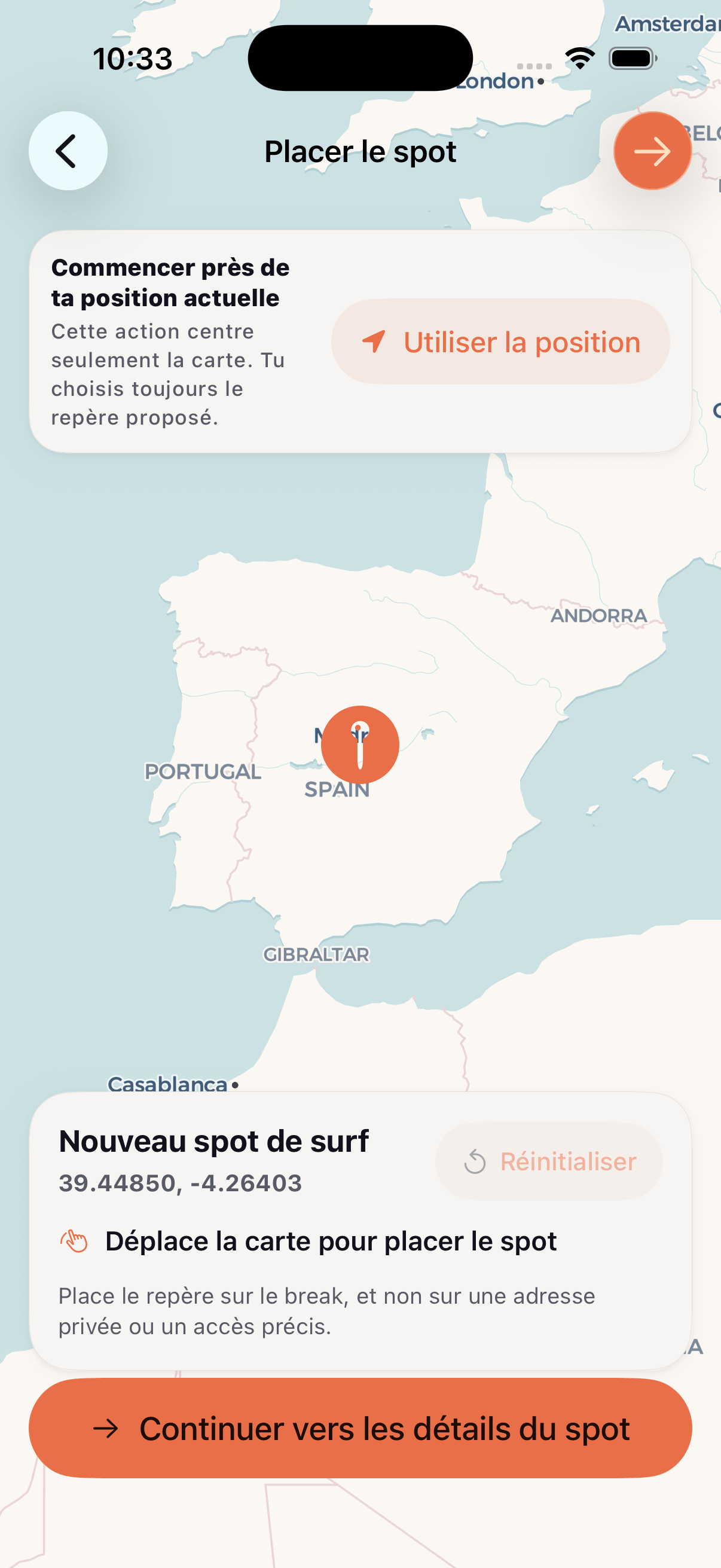 Carte permettant de placer approximativement un nouveau spot