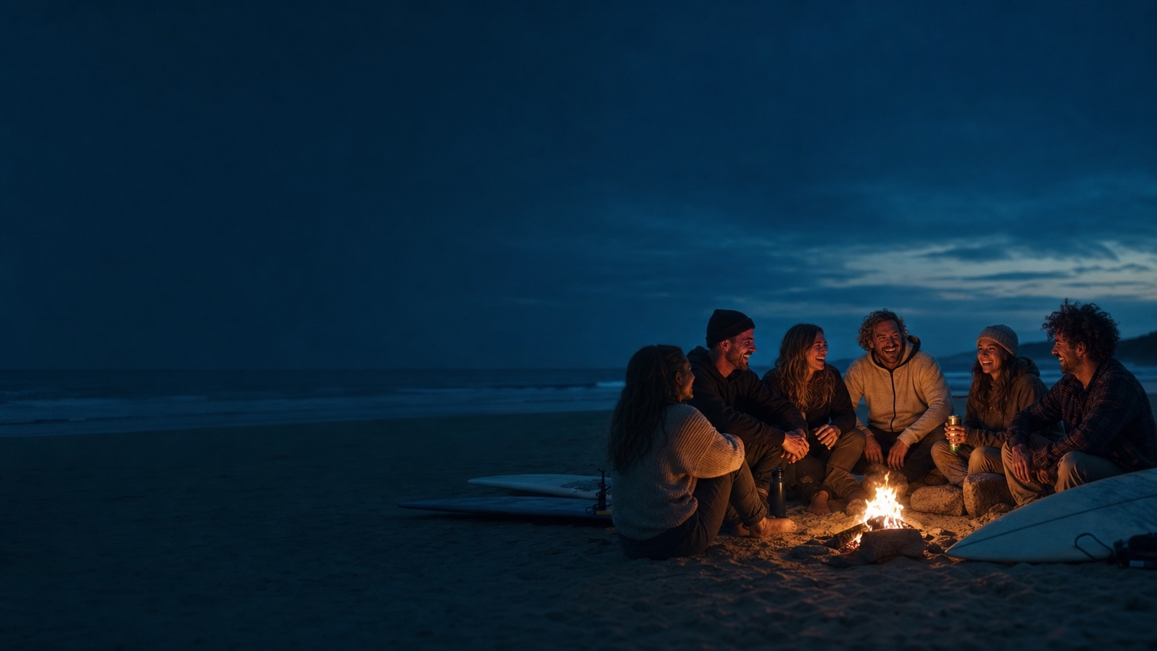 Un groupe de surfeurs rit autour d’un feu de camp sur la plage
